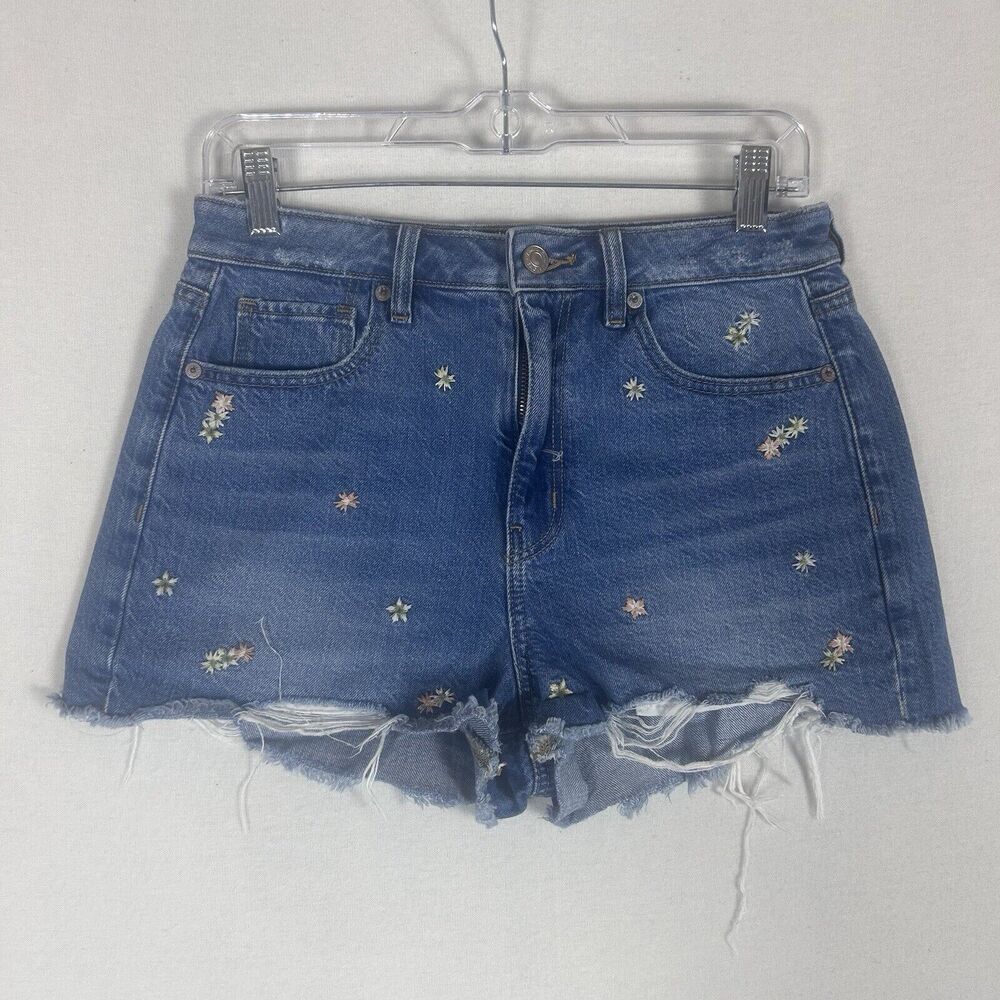 American Eagle Mom Short Jean Shorts Size 4 Blue Denim High Rise Embroiderred